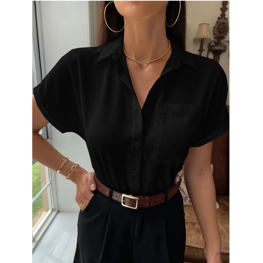 Black Casual Button Up / Down Shirt Collar, V-Neck Button Front Short Sleeve - Picture 4 of 13